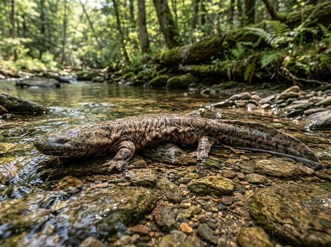 20 Animals That Start With E: Habitats And Status 7 An Eastern hellbender salamander rests among rocks in a clear Appalachian stream.
