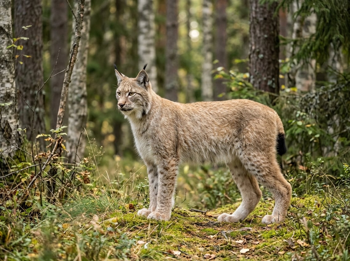 20 Animals That Start With E: Habitats And Status 9 A Eurasian lynx standing alert in a forest clearing.