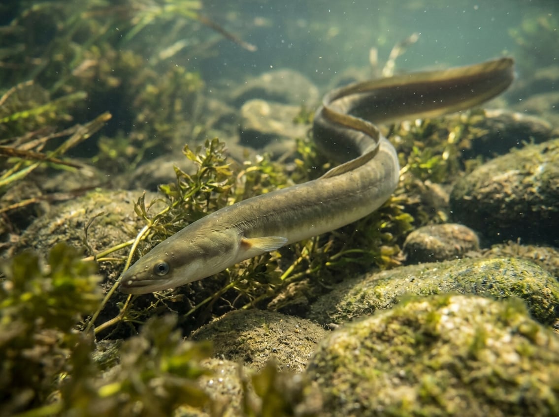 20 Animals That Start With E: Habitats And Status 16 A European eel swimming through clear freshwater among aquatic plants and smooth stones.