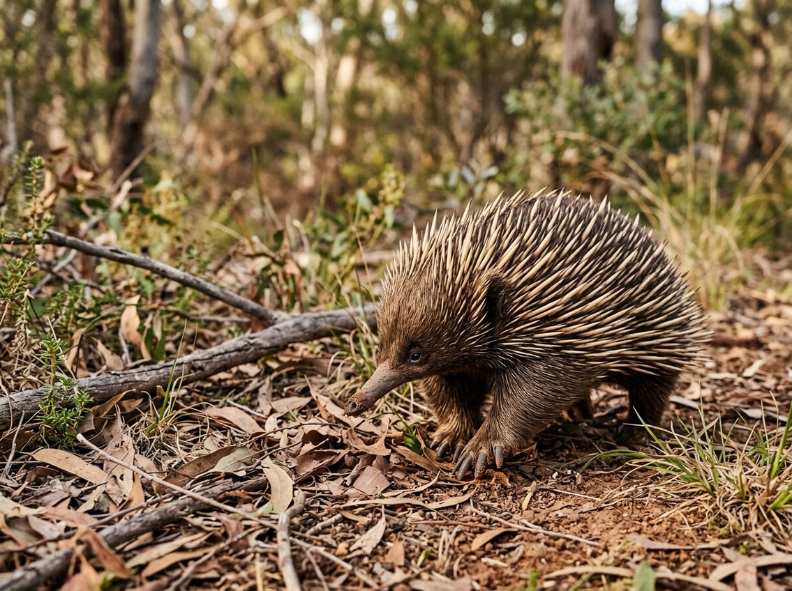 20 Animals That Start With E: Habitats And Status 17 A short-beaked echidna forages among dry leaves and grasses in an Australian bushland setting.