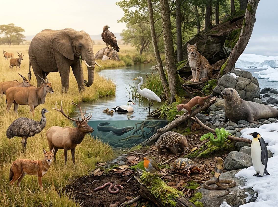 20 Animals That Start With E: Habitats And Status 21 A diverse group of animals, including an elephant, eagle, emu, elk, penguin, seal, and several smaller wildlife species, shown across grassland, woodland, wetland, and coastal habitats.