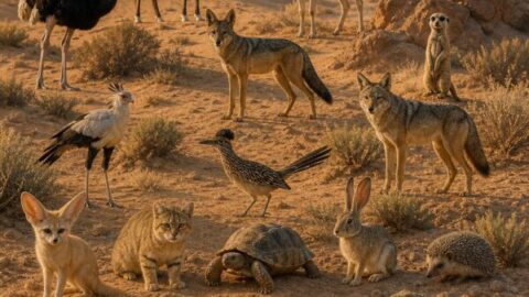 Twenty-five desert animals gather across a sunlit sandy landscape with dunes, shrubs, rocks, and distant mesas.