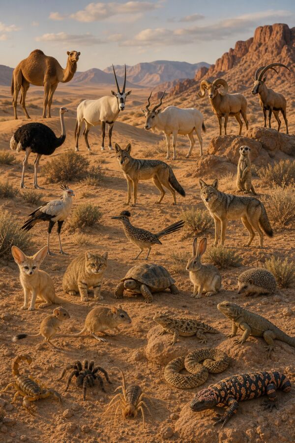 Twenty-five desert animals gather across a sunlit sandy landscape with dunes, shrubs, rocks, and distant mesas.
