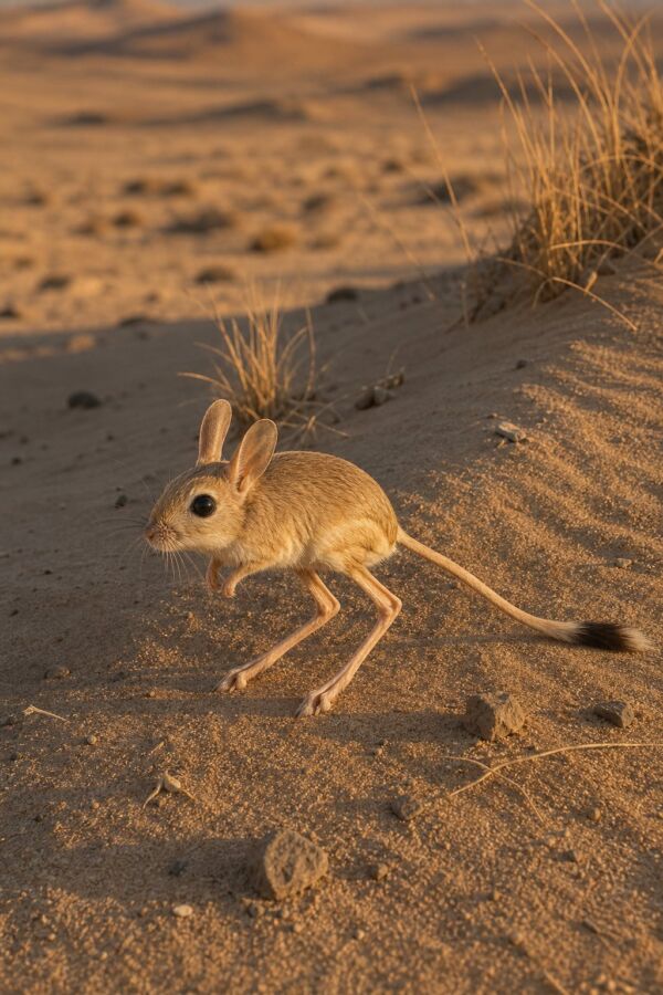 25 Desert Animals And Their Survival Adaptations 2 A Lesser Egyptian jerboa stands alert on a sandy desert dune surrounded by sparse grasses and stones.