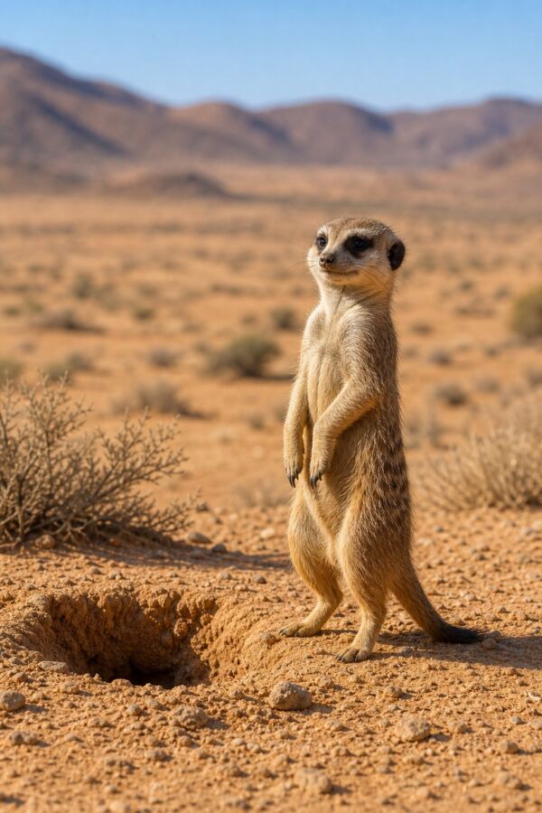 25 Desert Animals And Their Survival Adaptations 7 A meerkat stands alert beside its burrow in a sunlit desert landscape.