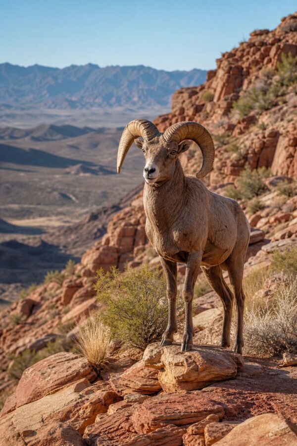 25 Desert Animals And Their Survival Adaptations 8 A desert bighorn sheep stands on a rocky ledge surrounded by sandstone formations and sparse desert vegetation.