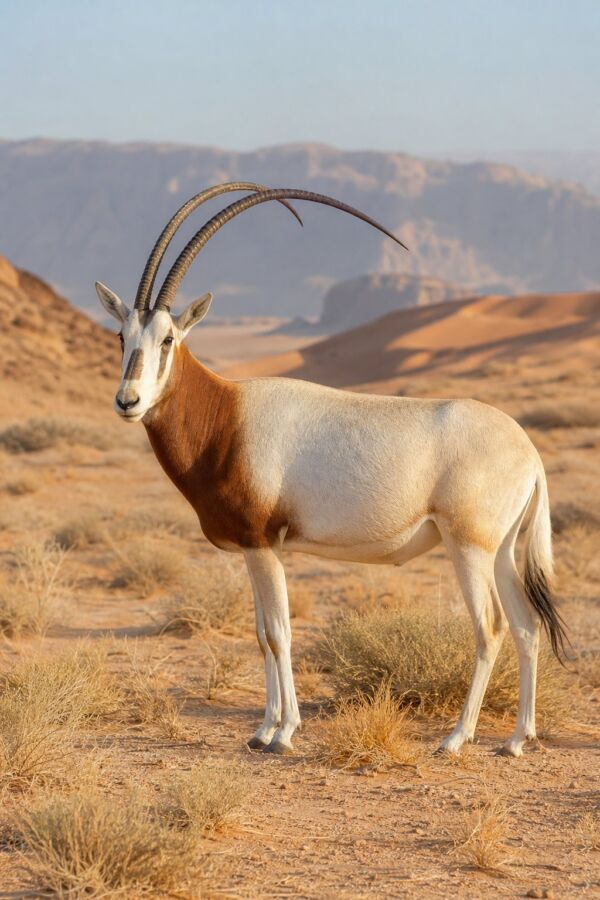 25 Desert Animals And Their Survival Adaptations 12 A scimitar-horned oryx standing in a sunny desert landscape.