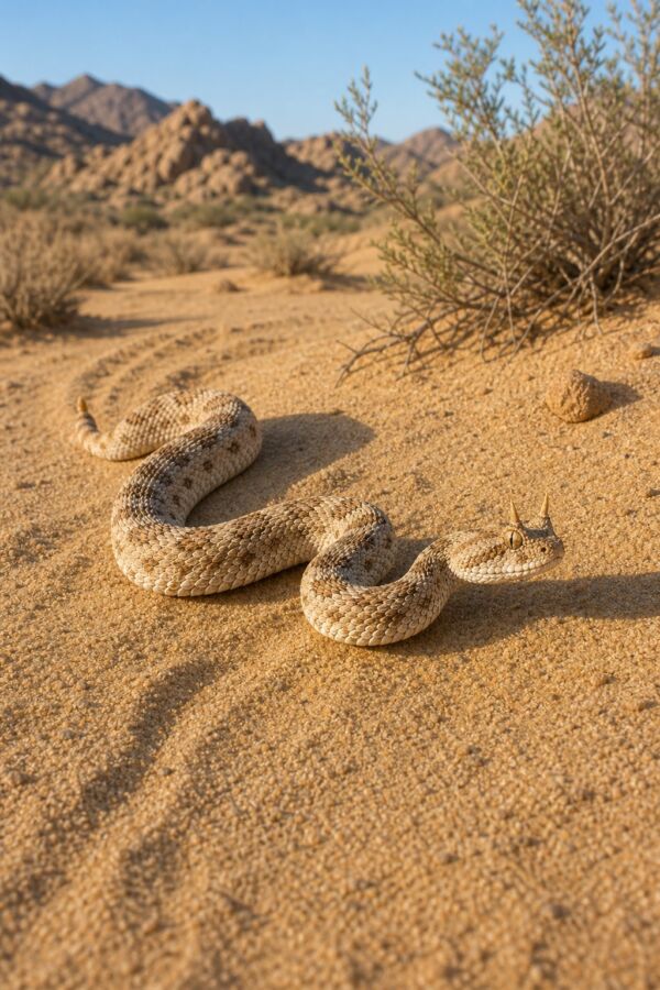 25 Desert Animals And Their Survival Adaptations 18 A sidewinder rattlesnake moving across sandy desert terrain among sparse vegetation.