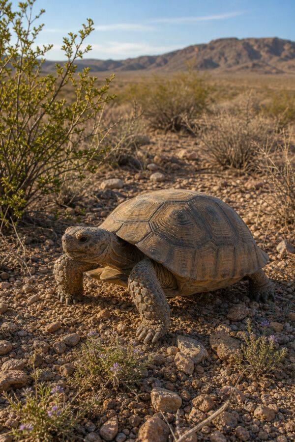 25 Desert Animals And Their Survival Adaptations 23 A Mojave Desert tortoise walking through sparse desert vegetation with rocky hills in the background.