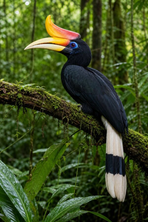 25 Rainforest Animals From The Amazon To Borneo 2 A rhinoceros hornbill perched on a mossy branch in a lush tropical rainforest.