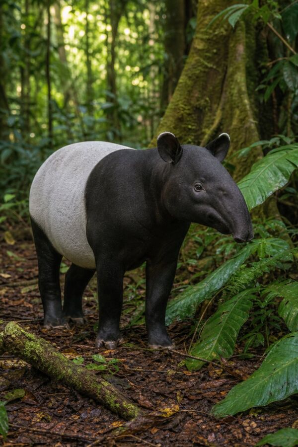 25 Rainforest Animals From The Amazon To Borneo 3 A Malayan tapir standing among lush vegetation on the floor of a tropical rainforest.