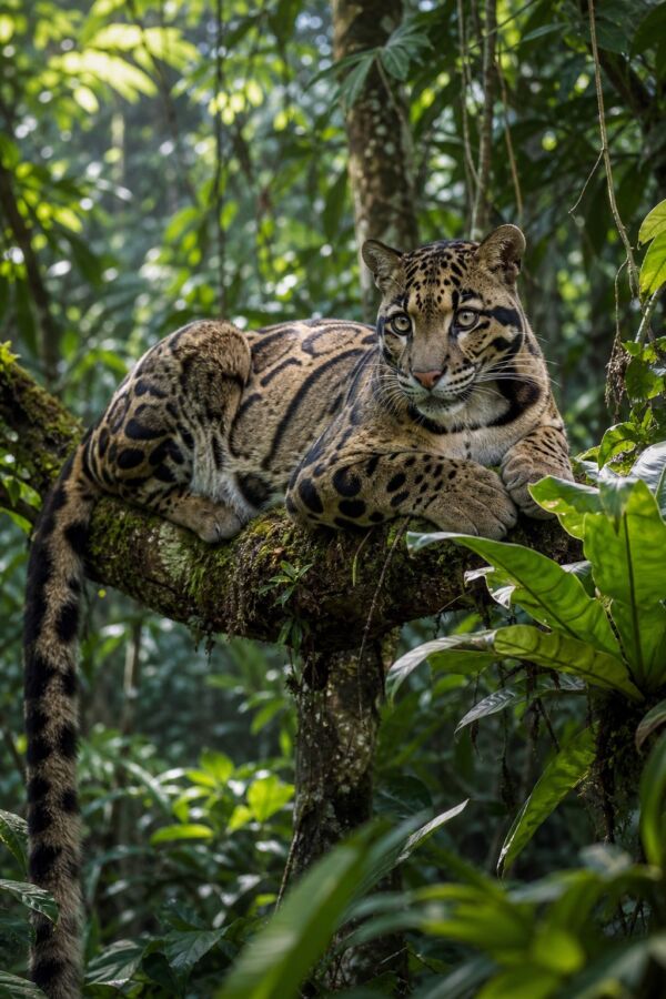 25 Rainforest Animals From The Amazon To Borneo 4 A Sunda clouded leopard rests on a mossy branch in a dense tropical rainforest.