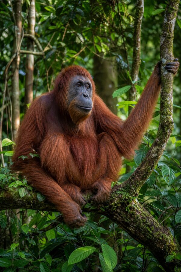 25 Rainforest Animals From The Amazon To Borneo 5 A Sumatran orangutan sits on a mossy branch surrounded by dense rainforest foliage.