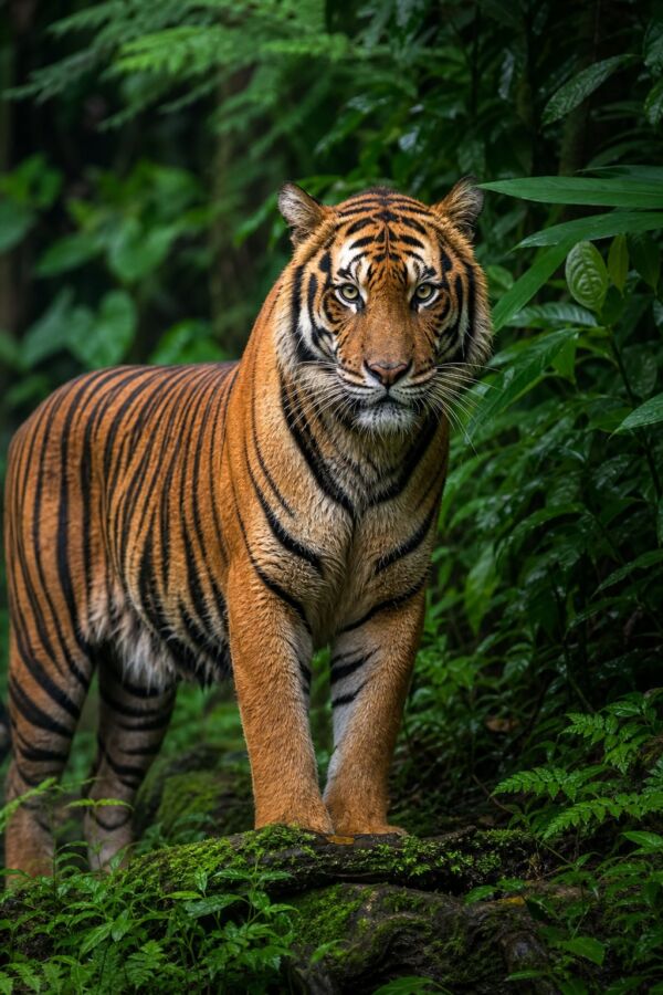 25 Rainforest Animals From The Amazon To Borneo 6 A Sumatran tiger stands alert among lush rainforest plants.
