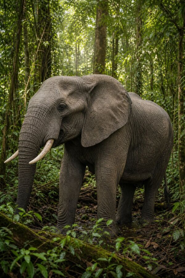 25 Rainforest Animals From The Amazon To Borneo 11 An African forest elephant standing among lush rainforest vegetation.