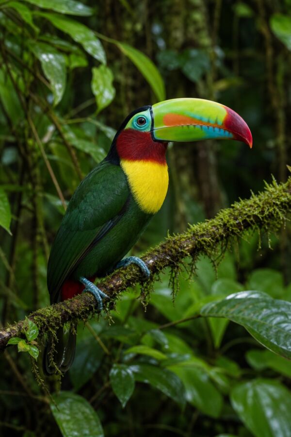 25 Rainforest Animals From The Amazon To Borneo 12 A colorful keel-billed toucan perched on a mossy branch in a lush rainforest.