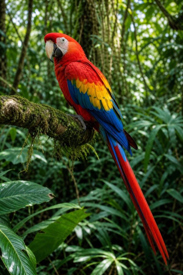 25 Rainforest Animals From The Amazon To Borneo 13 A scarlet macaw perched on a branch in a lush tropical rainforest.