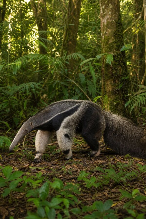 25 Rainforest Animals From The Amazon To Borneo 16 A giant anteater walking through a lush tropical rainforest clearing.