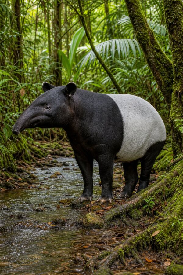 25 Rainforest Animals From The Amazon To Borneo 17 A lowland tapir standing beside a shallow stream in a lush tropical rainforest.