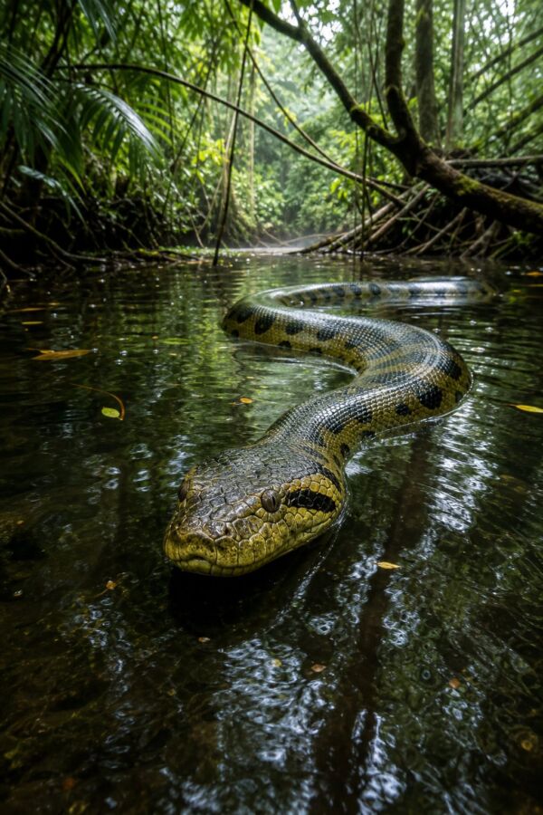 25 Rainforest Animals From The Amazon To Borneo 21 A green anaconda rests partly submerged in a rainforest river surrounded by lush tropical vegetation.