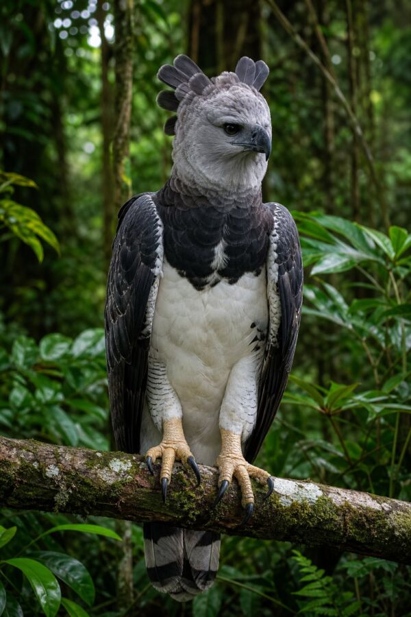 25 Rainforest Animals From The Amazon To Borneo 23 A harpy eagle perched on a moss-covered branch in a lush tropical rainforest.