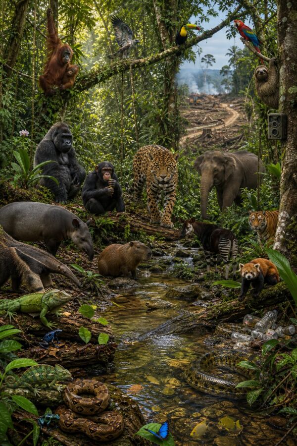 25 Rainforest Animals From The Amazon To Borneo 27 A diverse group of rainforest animals lives in a lush forest beside areas showing deforestation and conservation efforts.