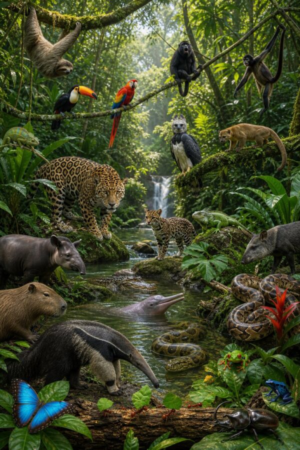25 Rainforest Animals From The Amazon To Borneo 28 A lush rainforest scene with many colorful animals, including monkeys, birds, reptiles, frogs, insects, and mammals.