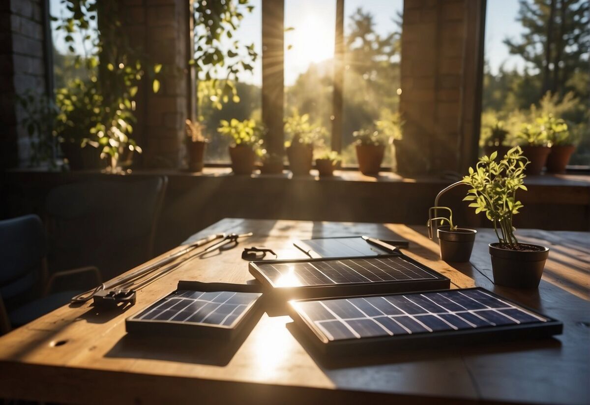 The Thrifty Environmentalist's Guide to DIY Solar Power Projects 6 A table with solar panels, tools, and a manual. Sunlight streams in through a window. Materials are neatly organized for a DIY solar project