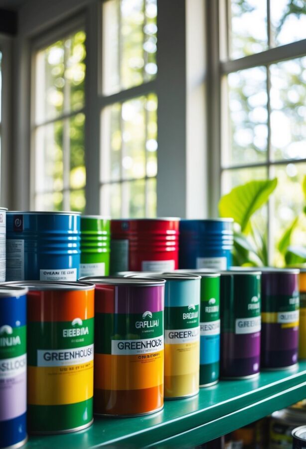 11 Best Greenhouse Paint & Spray-On Shading Options for Your Home 12 A variety of colorful greenhouse paint cans arranged on a shelf with natural light streaming in through the windows