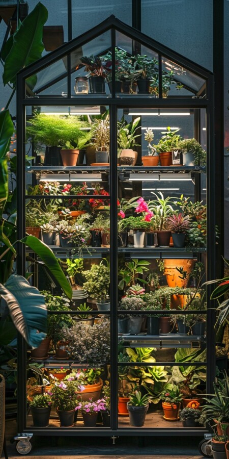 Vertical Indoor Greenhouse at Night With Lights