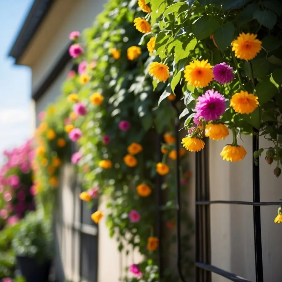 Vertical Gardening: Maximizing Beauty and Bounty in Small Spaces 3 Lush green vines climb up a trellis, while colorful flowers bloom in hanging pots