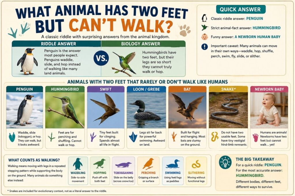 What Animal Has Two Feet But Can’t Walk? Riddle Answer & Facts 2 Infographic answering the riddle what animal has two feet but cant walk, featuring penguin and hummingbird