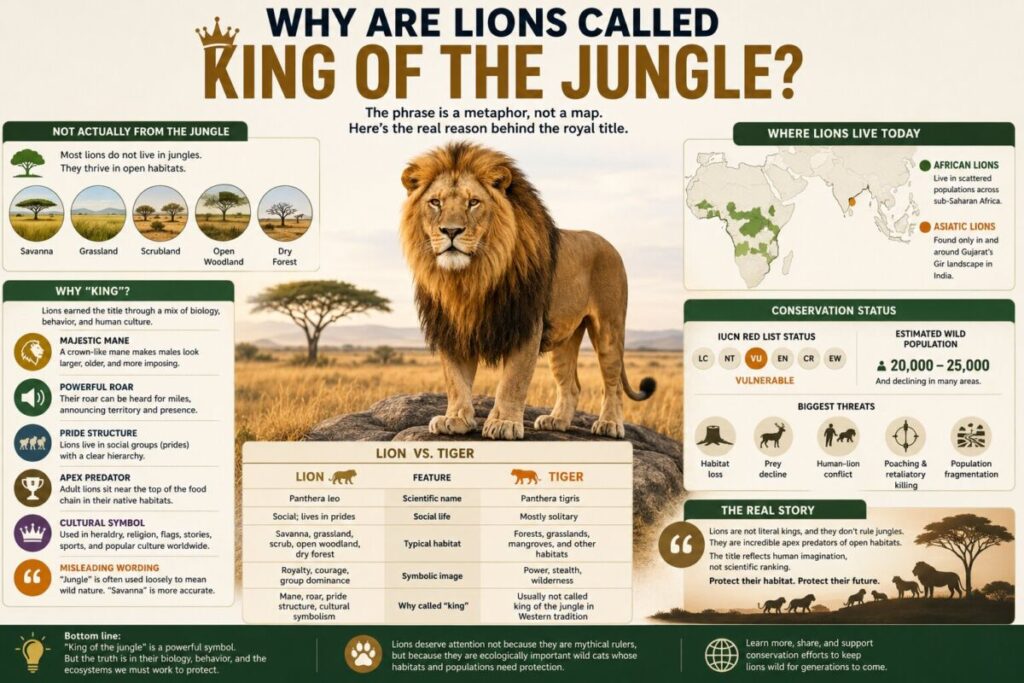 Why Are Lions Called King of the Jungle? The Real Answer 2 Infographic explaining why lions are called king of the jungle, with habitat, lion vs tiger, and conservation status