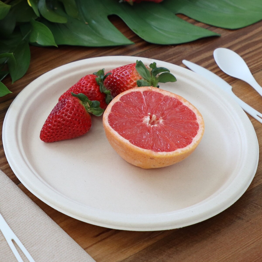 11 Best Compostable Plates for Parties and Everyday Meals 15 10-inch fiber round plate featuring a half grapefruit, accompanied by a fork and spoon.