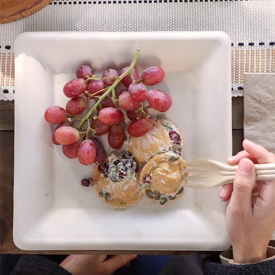 11 Best Compostable Plates for Parties and Everyday Meals 18 Person holding a fork, enjoying a meal served on a 10-inch fiber square plate by World Centric.