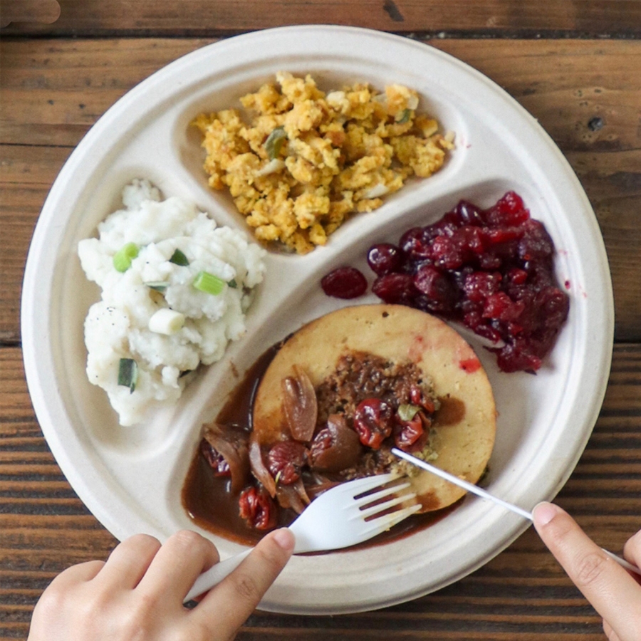 11 Best Compostable Plates for Parties and Everyday Meals 16 Close-up of a person enjoying a meal from a 10-inch three-compartment fiber plate, fork in hand.